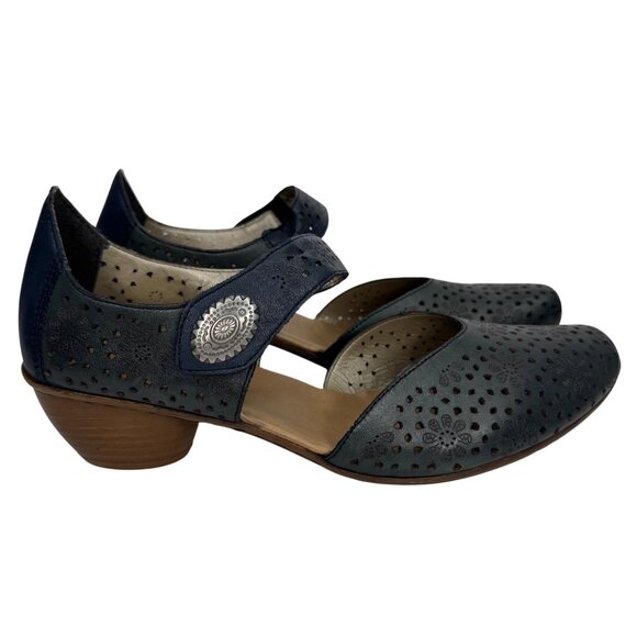 Rieker Antistress LaserCut Blue Leather Comfort Mary Jane Heels Velcro Strap Sz9 - Picture 1 of 11